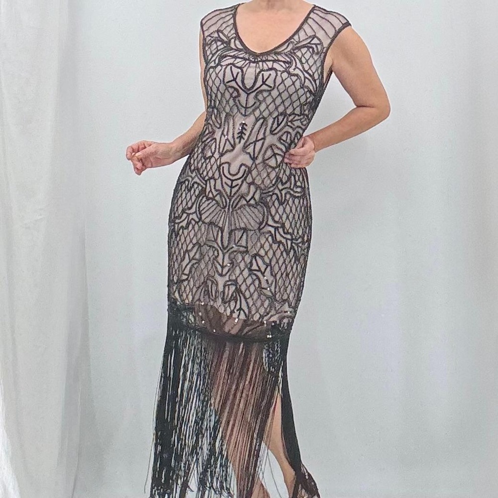 Unique Vintage Roaring 20s Great Gatsby Sequin Fringe Sleeveless Flapper Dress